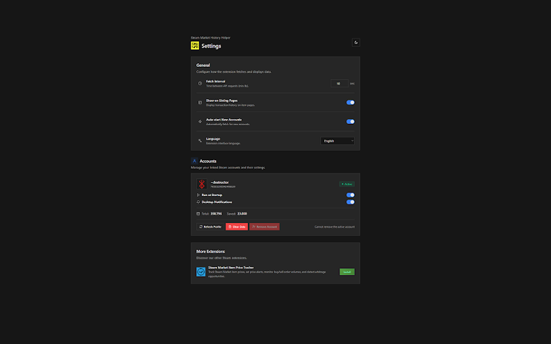 Steam Market History Helper — Settings & multi-account