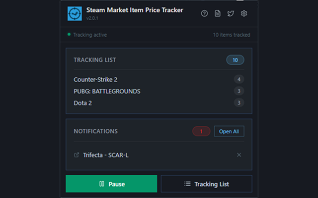 Steam Market Item Price Tracker — Extension popup — quick overview