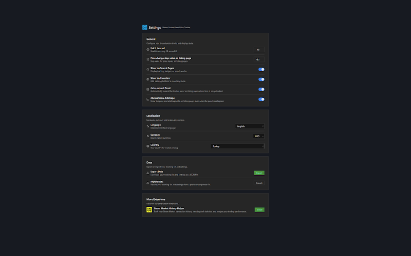 Steam Market Item Price Tracker — Settings & data export